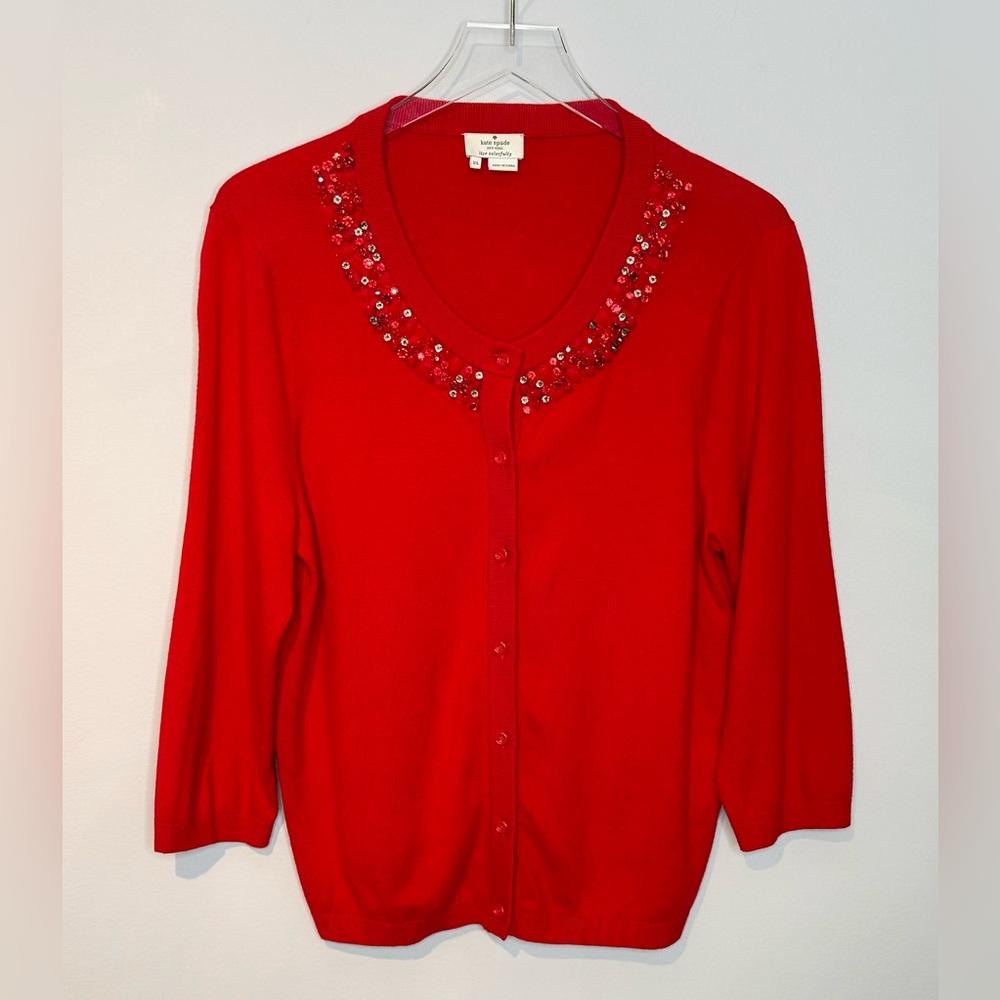 Kate Spade Caroline Vibrant Red Rhinestone Trim Wool Blend Cardigan Sweater Top - Picture 11 of 12